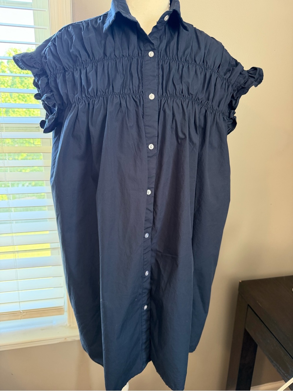Smocked Navy Button-Front Midi Dress